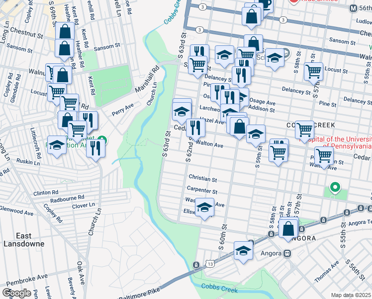 map of restaurants, bars, coffee shops, grocery stores, and more near 6207 Catharine Street in Philadelphia