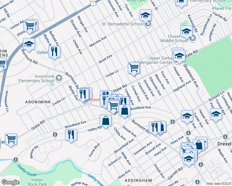 map of restaurants, bars, coffee shops, grocery stores, and more near 4204 State Road in Upper Darby