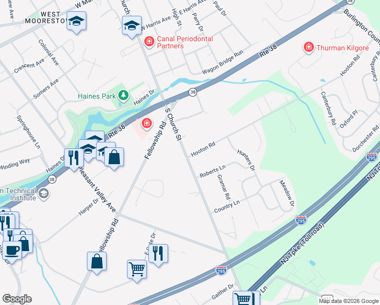map of restaurants, bars, coffee shops, grocery stores, and more near 603 South Church Street in Mount Laurel Township