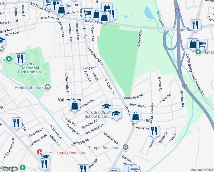 map of restaurants, bars, coffee shops, grocery stores, and more near 1316 South Ogontz Street in York