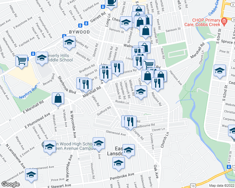 map of restaurants, bars, coffee shops, grocery stores, and more near 506 Glendale Road in Upper Darby