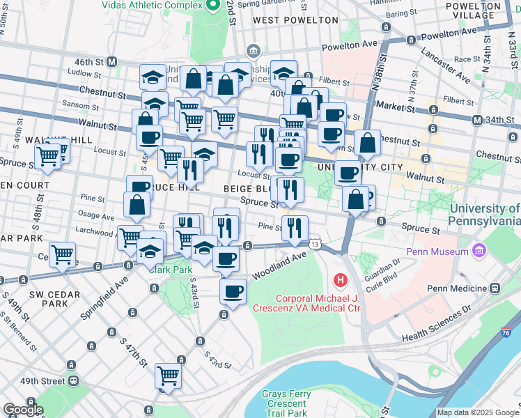 map of restaurants, bars, coffee shops, grocery stores, and more near 4040 Spruce Street in Philadelphia