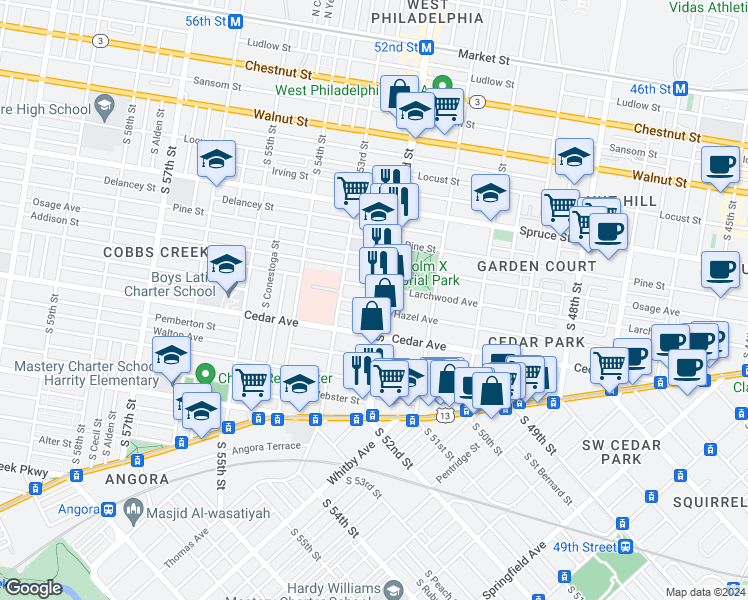 map of restaurants, bars, coffee shops, grocery stores, and more near 5207 Hazel Avenue in Philadelphia