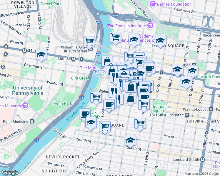 map of restaurants, bars, coffee shops, grocery stores, and more near 128 South Bonsall Street in Philadelphia