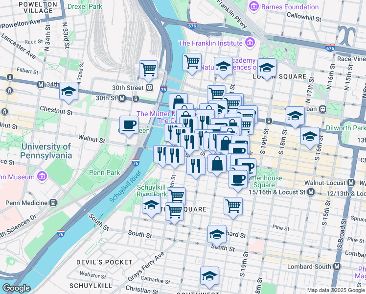 map of restaurants, bars, coffee shops, grocery stores, and more near 128 South Bonsall Street in Philadelphia