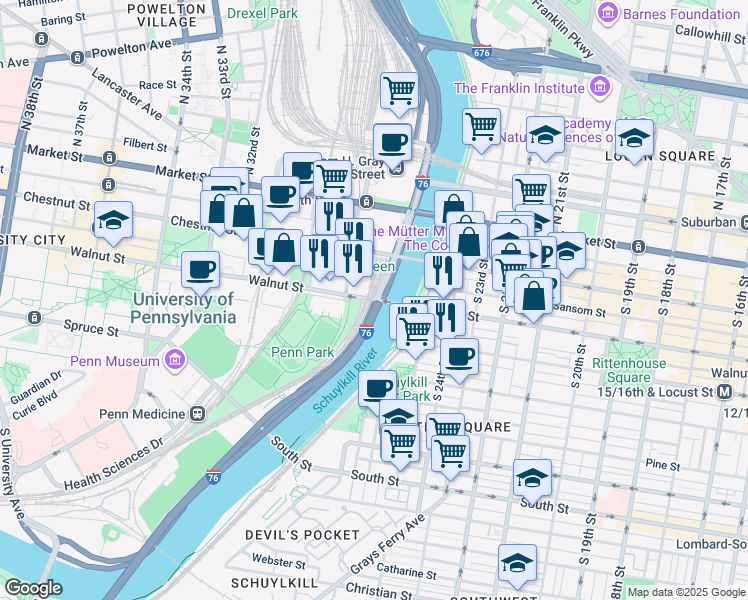 map of restaurants, bars, coffee shops, grocery stores, and more near 2929 Walnut Street in Philadelphia