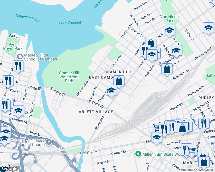 map of restaurants, bars, coffee shops, grocery stores, and more near 1110 North 18th Street in Camden