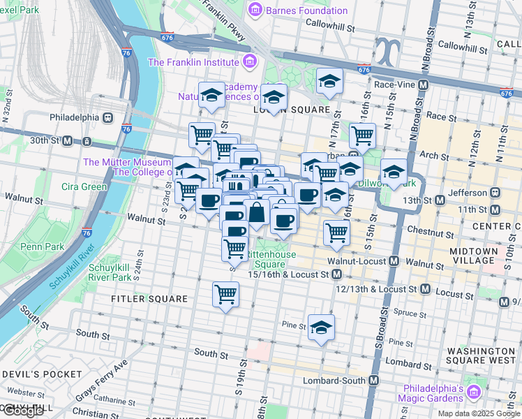 map of restaurants, bars, coffee shops, grocery stores, and more near 124-26 South 19th Street in Philadelphia