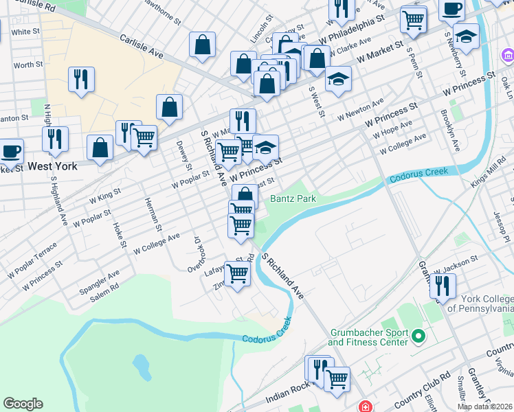 map of restaurants, bars, coffee shops, grocery stores, and more near 370 South Sheridan Street in York