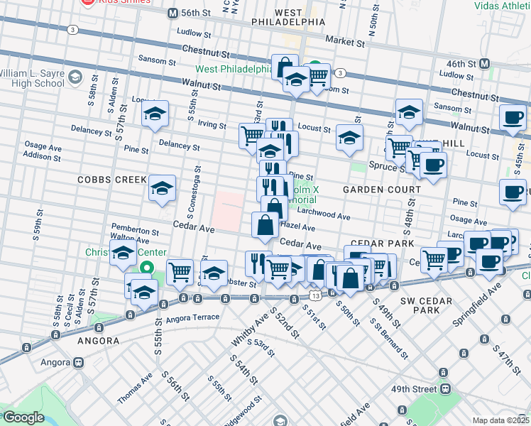 map of restaurants, bars, coffee shops, grocery stores, and more near 5211 Hazel Avenue in Philadelphia