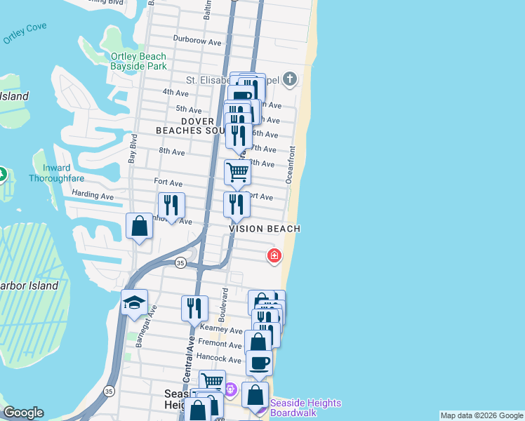 map of restaurants, bars, coffee shops, grocery stores, and more near 16 South Beach Drive in Seaside Heights