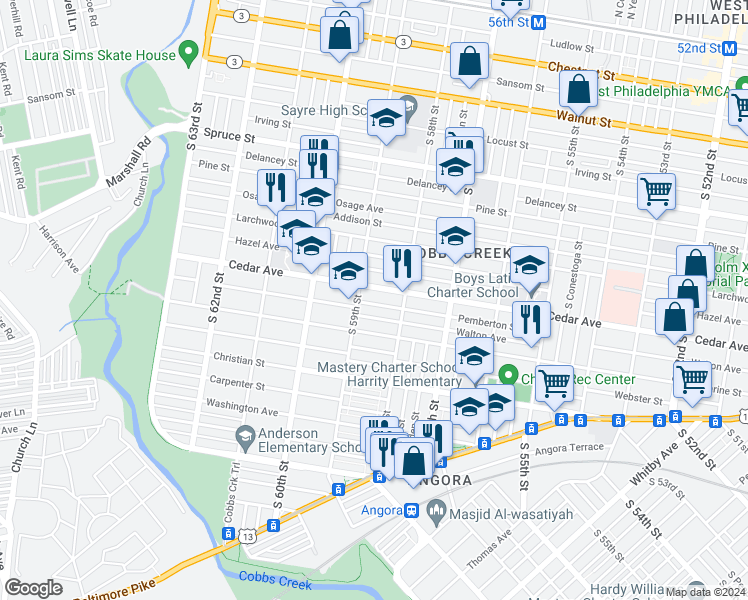 map of restaurants, bars, coffee shops, grocery stores, and more near 5845 Pemberton Street in Philadelphia