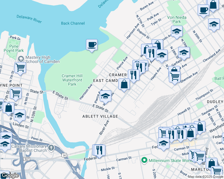 map of restaurants, bars, coffee shops, grocery stores, and more near 1110 North 18th Street in Camden
