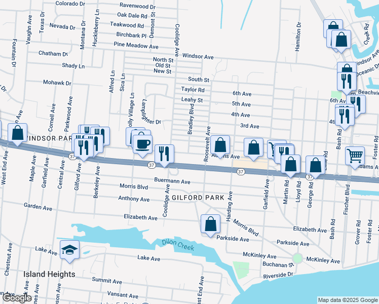 map of restaurants, bars, coffee shops, grocery stores, and more near 2122 New Jersey 37 in Toms River