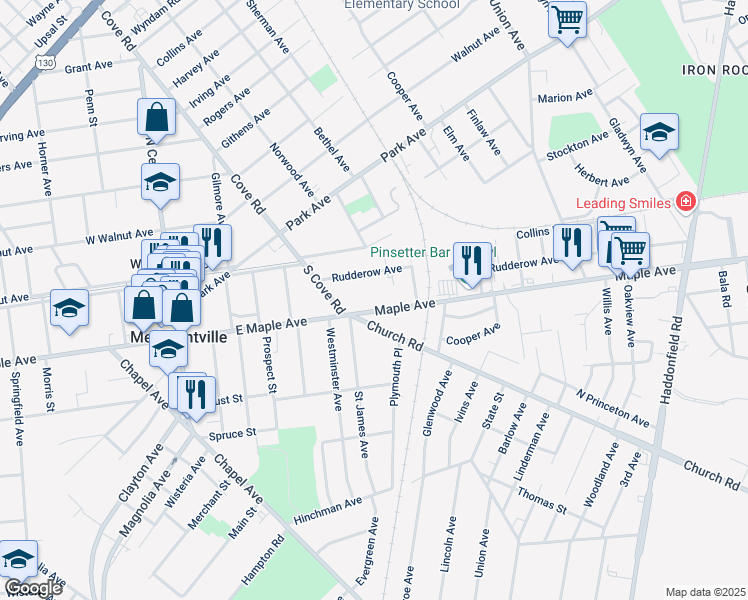map of restaurants, bars, coffee shops, grocery stores, and more near in Pennsauken Township