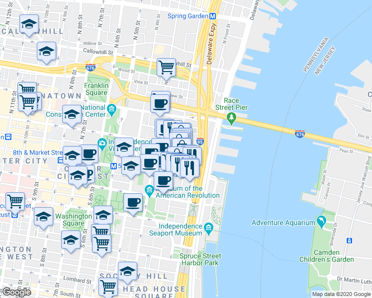 map of restaurants, bars, coffee shops, grocery stores, and more near 24 Cuthbert Street in Philadelphia