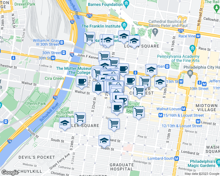 map of restaurants, bars, coffee shops, grocery stores, and more near 2051 Walnut Street in Philadelphia