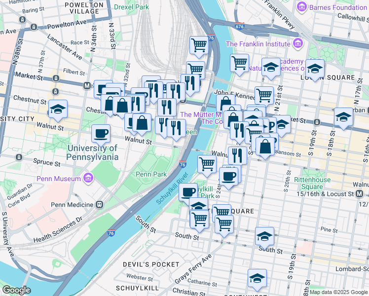 map of restaurants, bars, coffee shops, grocery stores, and more near 2929L Walnut Street in Philadelphia