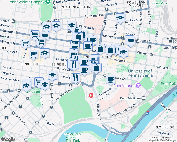 map of restaurants, bars, coffee shops, grocery stores, and more near 2310 Delancey Street in Philadelphia