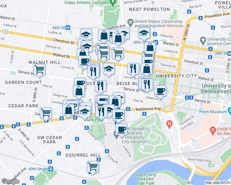 map of restaurants, bars, coffee shops, grocery stores, and more near in Philadelphia