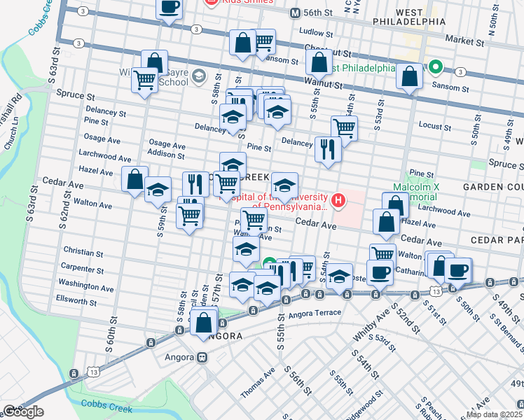 map of restaurants, bars, coffee shops, grocery stores, and more near 5611 Pemberton Street in Philadelphia