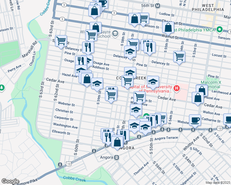 map of restaurants, bars, coffee shops, grocery stores, and more near 5758 Cedar Avenue in Philadelphia