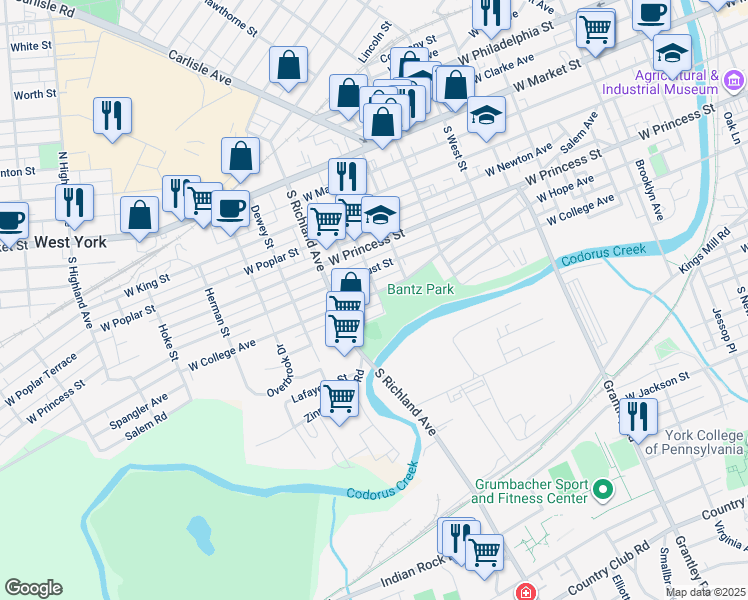 map of restaurants, bars, coffee shops, grocery stores, and more near 370 South Sheridan Street in York