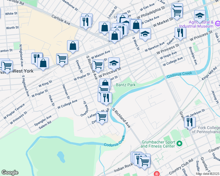 map of restaurants, bars, coffee shops, grocery stores, and more near 370 South Sheridan Street in York