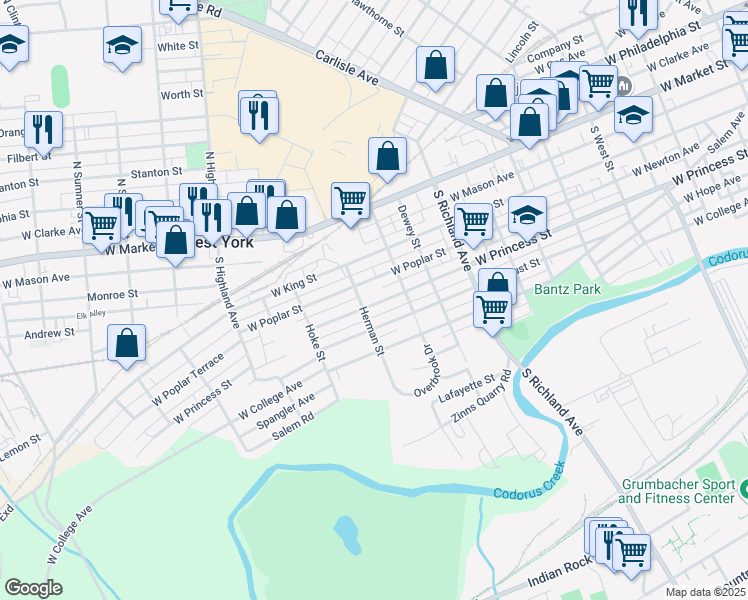 map of restaurants, bars, coffee shops, grocery stores, and more near 1235 West Locust Street in West York