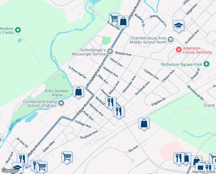 map of restaurants, bars, coffee shops, grocery stores, and more near 134 Pennsylvania Avenue in Chambersburg