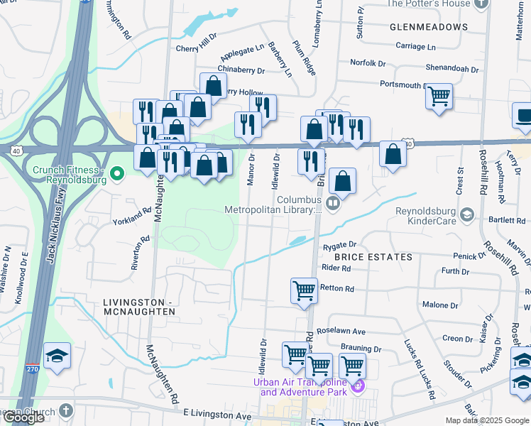 map of restaurants, bars, coffee shops, grocery stores, and more near 1276 Idlewild Drive in Columbus