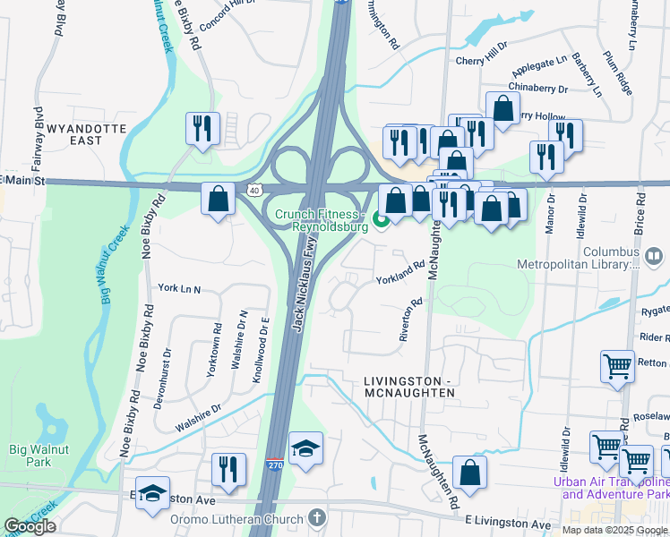 map of restaurants, bars, coffee shops, grocery stores, and more near 1387 Orchard Park Drive in Columbus