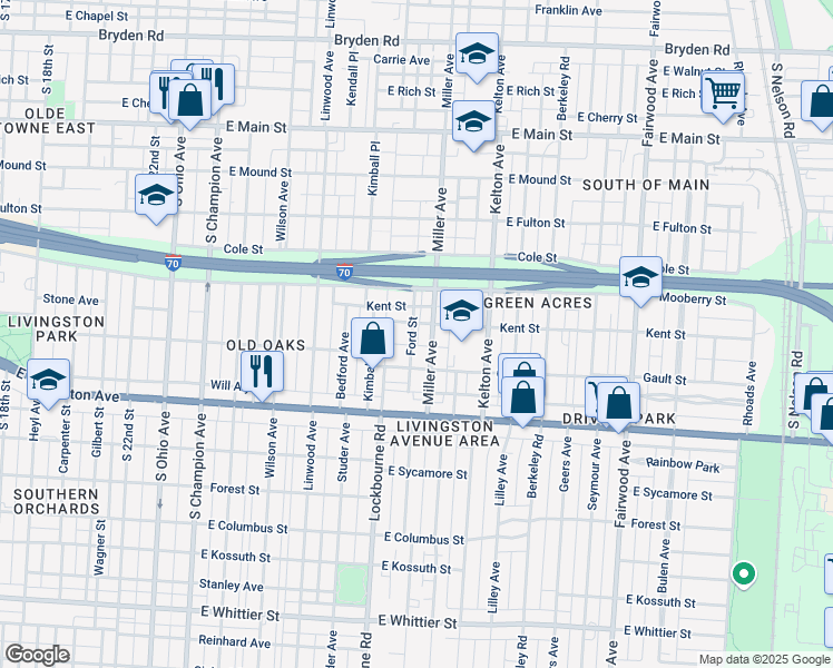 map of restaurants, bars, coffee shops, grocery stores, and more near 1336 Gault Street in Columbus