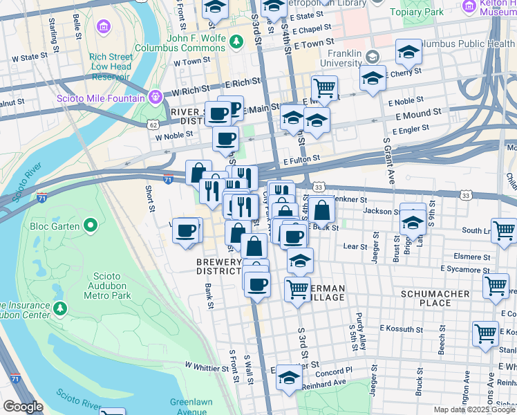 map of restaurants, bars, coffee shops, grocery stores, and more near 550 South High Street in Columbus