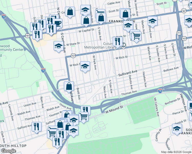 map of restaurants, bars, coffee shops, grocery stores, and more near 1247 Sullivant Avenue in Columbus