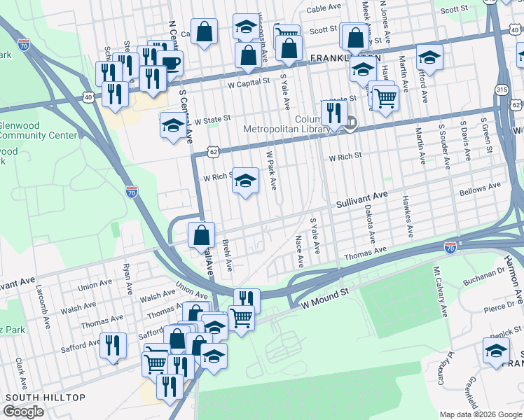 map of restaurants, bars, coffee shops, grocery stores, and more near 1247 Sullivant Avenue in Columbus