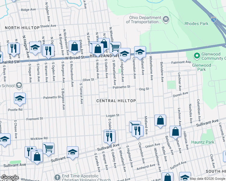 map of restaurants, bars, coffee shops, grocery stores, and more near 216 South Oakley Avenue in Columbus