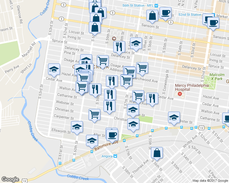 map of restaurants, bars, coffee shops, grocery stores, and more near 5758 Cedar Avenue in Philadelphia