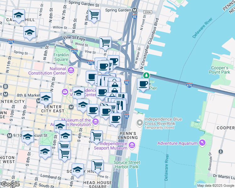 map of restaurants, bars, coffee shops, grocery stores, and more near 128 Arch Street in Philadelphia