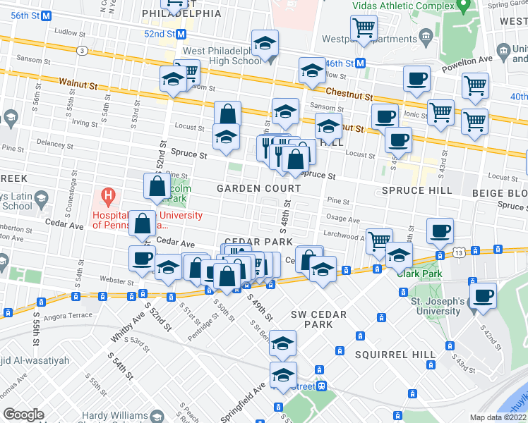 map of restaurants, bars, coffee shops, grocery stores, and more near 4840 Osage Avenue in Philadelphia