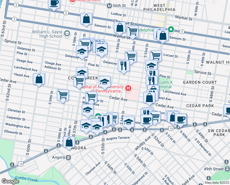 map of restaurants, bars, coffee shops, grocery stores, and more near 542 South Conestoga Street in Philadelphia