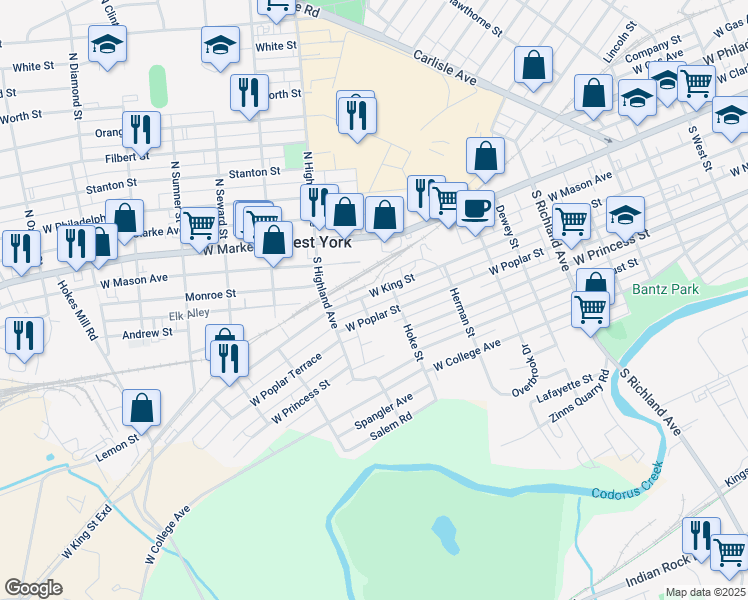 map of restaurants, bars, coffee shops, grocery stores, and more near 1332 West King Street in West York