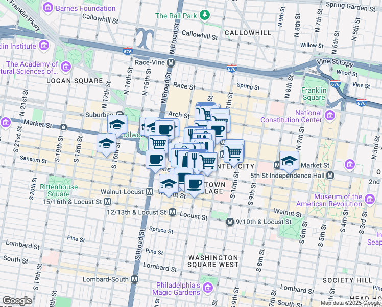 map of restaurants, bars, coffee shops, grocery stores, and more near 12 South 12th Street in Philadelphia