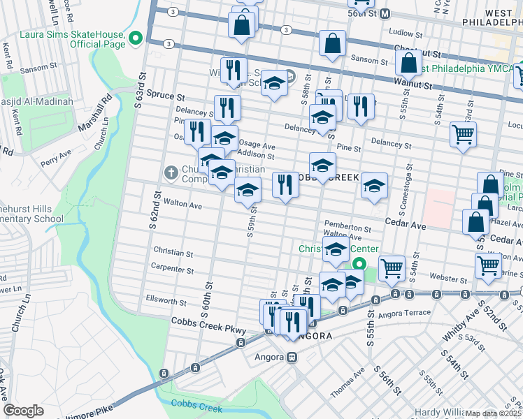 map of restaurants, bars, coffee shops, grocery stores, and more near 5855 Pemberton Street in Philadelphia