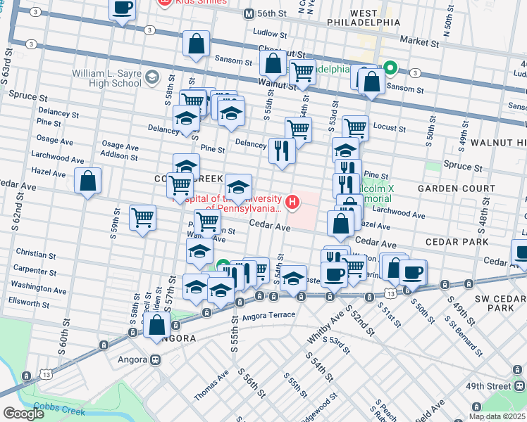map of restaurants, bars, coffee shops, grocery stores, and more near 542 South Conestoga Street in Philadelphia
