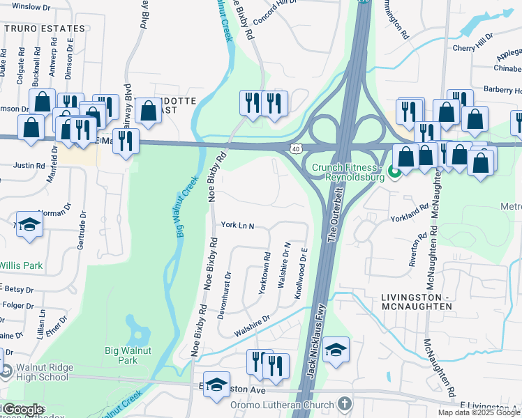 map of restaurants, bars, coffee shops, grocery stores, and more near 5673 Hibernia Drive in Columbus