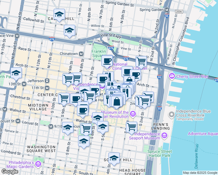 map of restaurants, bars, coffee shops, grocery stores, and more near 50 North Independence Mall East in Philadelphia