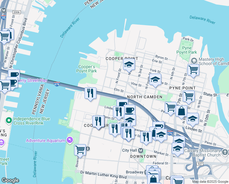 map of restaurants, bars, coffee shops, grocery stores, and more near North Front Street in Camden