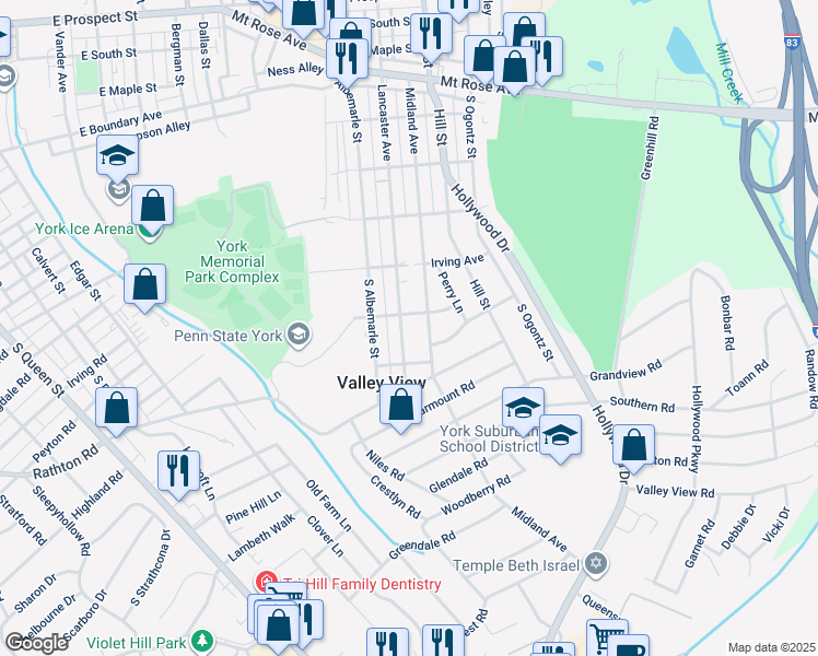 map of restaurants, bars, coffee shops, grocery stores, and more near 1213 Lancaster Avenue in York