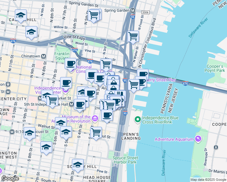 map of restaurants, bars, coffee shops, grocery stores, and more near 24 Cuthbert Street in Philadelphia